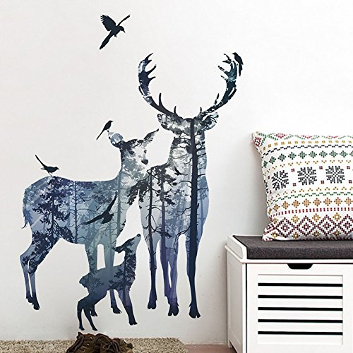 WandSticker4U®- Wandtattoo HIRSCH Familie aus dem Wald I Wandbilder: 78x109 cm I Wandsticker Rentier Reh Vögel Baum Waldtiere I Wand Deko für Wohnzimmer Schlafzimmer Küche Flur GROSS