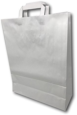 50 Sacs Papier taille moyenne kraft blanc avec poignée 16 litres largeur 32 cm , hauteur 40 cm, soufflet 12- sac cabas à anse plate solide, résistant papier 80g non imprimé ref SKB16PP1F (50)