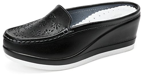 Solshine Pantoufles en cuir pour femme avec talon compensé motif fleurs - - Noir 3, 37 EU