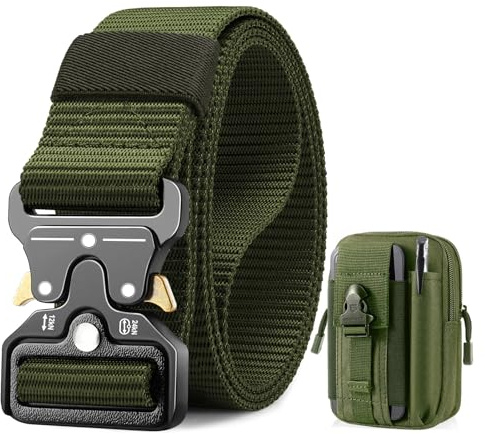BESTKEE Taktiskt bälte, 3,8 cm militärt arbetsbälte, tunglast nylon svart bälte med snabbkoppling metallspänne, gåva med taktisk molle-påse och krok för utomhus jakt, Grön, M-für Taille