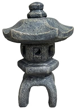 Solid Rock Stoneworks Japanese Lantern – 2-Piece Concrete Pagoda Statue with Open Windows, 17”H Heavy Stone Garden Lantern, Weatherproof Outdoor Decor, Autumn Brown Stain Color