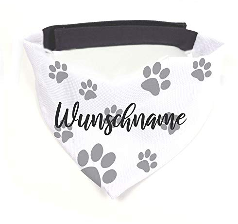 Hundehalstuch Pfote grau / weiß personalisiert inklusive Wunschname z.B. Name Ihres Hundes mit 12 cm Klettverschluss für kleine, mittlere und große Hunde (M = Halsumfang 38-45 cm)