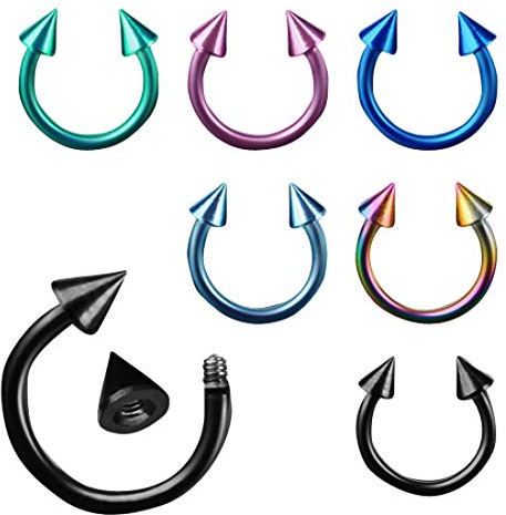 Taffstyle Piercing 6er Set Hufeisen Horseshoe Titan mit Spikes Augenbrauen Septum Tragus Helix Ohr Nase Lippe Lippenpiercing 1,6mm x 10mm x 4mm