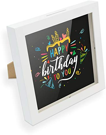 itenga Bilderrahmen Spardose – Geldgeschenk Rahmen mit Schlitz – Sparrahmen mit Umschlag – kreative Geschenkidee für Verschiedene Anlässe 20x20cm (Motiv Happy Birthday)