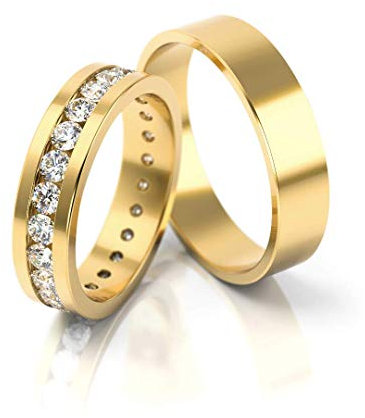 JC Trauringe Silber 925 Paarpreis Eheringe Gold Plattiert in 5mm I Verlobungsringe I Partnerringe mit Gravur in edler Schatulle I 2 Hochzeitsringe Herrenring & Damenring mit Steinen I PL084-GP