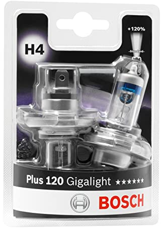 Bosch H4 (472) Plus 120 Gigalight Halogen Headlight Bulbs, 12 V 60/55 W, 120% more Light - Socket P43t - Pack of 2 Replacement Car Light Bulbs