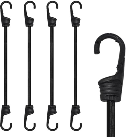 MARRTEUM 12-Inch Bungee Cords with Hooks Black Elastic Rope Straps for Camping, Bike, Folding Wagon, Trunk etc. [4PCS, Plastic-clad Steel Hook]