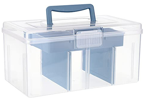 IGNPION Clear Craft Stackable Storage Box with Storage Tray Plastic 7-compartment Mulit Purpose Storage Container for Storing&Organising Toys, Arts Crafts, Stationery, Sewing, Fishing Tackle, Blue