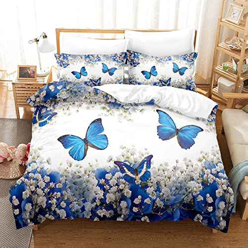 LUYAPOND Bettwäsche 140x200 Blauer Schmetterling Weiße Blume Flauschig und Weich Mikrofaser bettbezug Set - 1 Bettbezüge mit 1 Kissenbezug 80x80 cm für Kinder Jugendliche