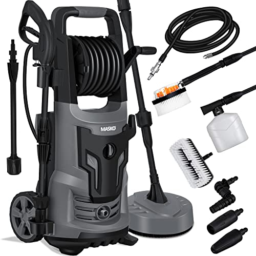 MASKO® Hochdruckreiniger 2200 Watt 165 bar 450 l/h, mit Spule Schlauchtrommel 10m Schlauch 9 TLG Zubehör Set, mit Handschuhen, Seifenflasche, Schaumdüse, Hochdruckpistole für Autos/Zäune/Garten/Patios