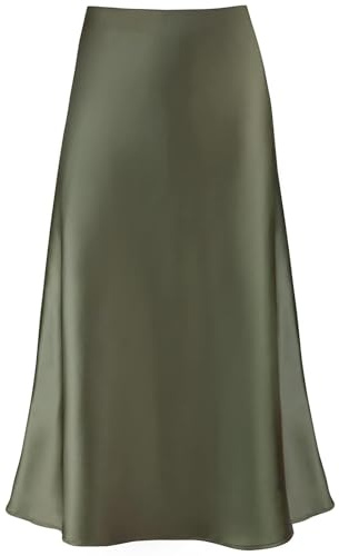 Modegal Women's Satin High Waist Hidden Elasticized Waistband Flared Casual A Line Midi Skirt (Army Green, Large)