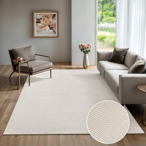 the carpet Rio - Moderner Kurzflor Teppich, weicher und pflegeleichter Anti-Rutsch-Teppich mit 3D-Optik, robust, für Wohnzimmer und Schlafzimmer, Creme, 80 x 150 cm