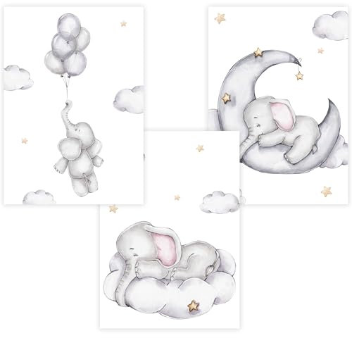 WANDKIND Kinderzimmer Poster Set Premium P707 / Elefant kuschelig Babyzimmer Wandbild Wandbilder (A4-21,0 x 29,7 cm, Weiß/White)