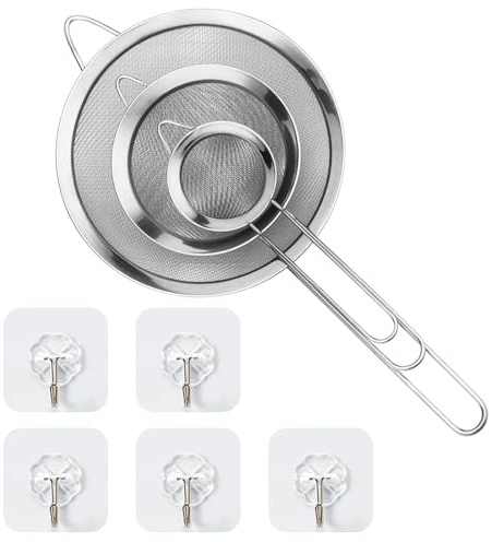 Juego de 3 Colador de Cocina 8/12/16 cm Colador Acero Inoxidable Malla Fina con 5 Ganchos para Escumar Sopas, Filtrar Salsas, Tamiz