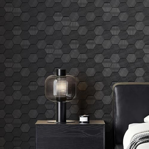 Simon&Siff Black Textured Wallpaper 3D Embossed Hexagon Geometric Wallpaper 17.3in x 39.4ft Non Woven Traditional Wallpaper for Bedroom Bathroom Textured Walls in The Bathroom (Non-Pasted)