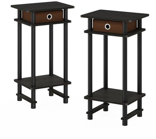 Furinno TURN-N-TUBE Night Stand Set of 2, 3-Tier Open Shelf Design Nightstand with Storage Bin, Tall Bedside Table, End Table, Side Table, for Bedroom, Living Room, Espresso