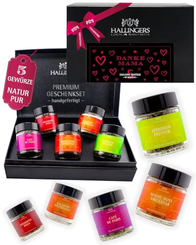 Hallingers Genuss Manufaktur Gewürz Muttertagsgeschenk-Set - 5 Gewürze aus aller Welt in wertiger Geschenkbox mit Rezept-Booklet Danke Mama, Geschenkidee für Mama Oma