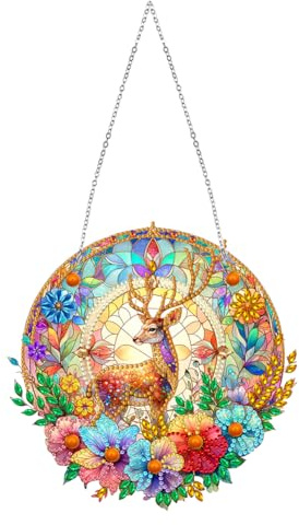 Starnearby DIY Diamond Painting Anhänger, 5D Diamanten Painting Blumen und Elch Bilder, Diamant Painting Kranz Set mit Kette, Diamant Malerei Einseitig Fensterbilder für Fenster Wand Und Eingang Decor