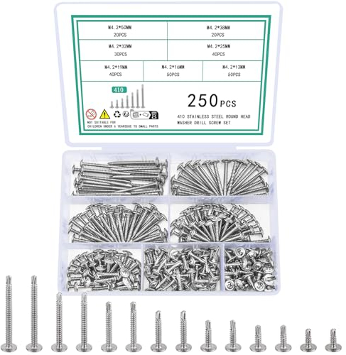 250 Pcs M4.2 Self Tapping Screws for Metal, Wafer Head Self Drilling Stainless Steel Flat Head Sheet Metal Modified Truss Tek Screws for Wood Plastic Panels