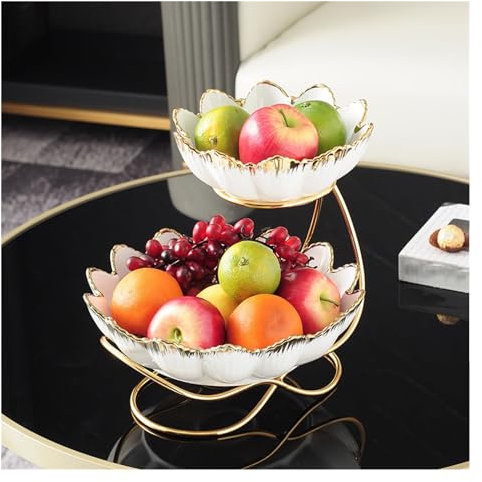 TCDHICY Fruit Basket Ceramic Tiered Serving Bowls Tray，2 Tier Ceramic Fruit Bowl with Metal Stand for Sushi, Dessert, Fruit, Vegetables, Appetizer, Cake Decorative Fruit Bowl (Color : White-A)