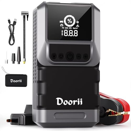 DOORII 4000A Arrancador de Batería de Coche, Compresor de Aire 150PSI, 18000mAh Arrancador de Coches para Vehículo (para 10.0L de Gasolina o 8.0L de Diésel), Batería con 400-Lumen LED