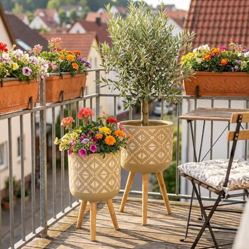 NATINDESIGN Blumentopf mit Füße Grün 2er Set | Blumentopf Olivenbaum Zitronenbaum | In- und Outdoor | Blumentopf mit Beinen Modern | Echtholzbeine und Fibreclay Blumenkübel