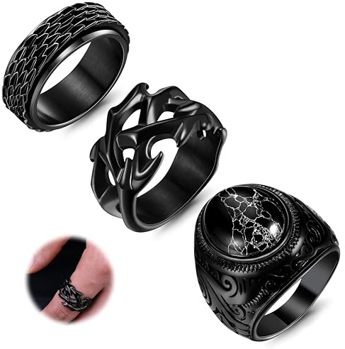 KRFY 3Pz Anello Uomo Classico Anello Uomo Acciaio Inossidabile Pietra Artificiale Nera Anello Uomo Nero Fresco Rotante Anelli Uomo 14N