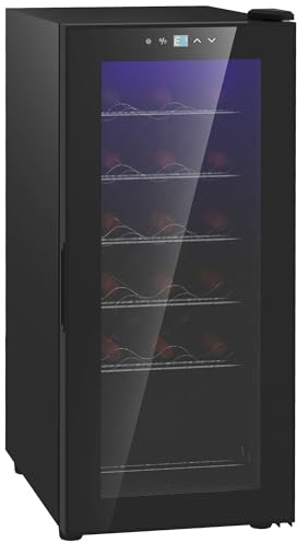 HOMCOM Cantinetta Vino Refrigerata per 18 Bottiglie, Cantina Frigo Vino Anti-UV a Zona Singola con Temperatura Controllata 5-18°, Display Touch, Luci LED, Ripiani Regolabili, Porta Vetro, 34.5x45x78cm