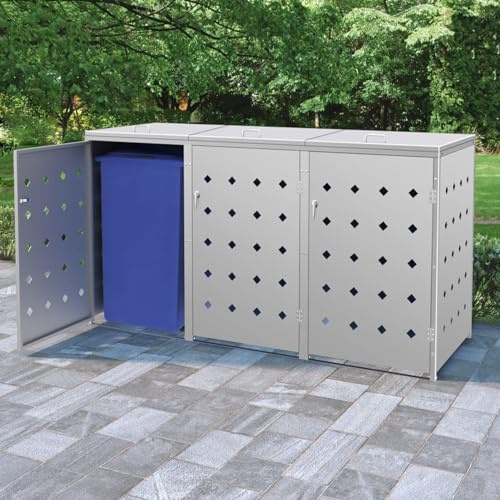IKAYAA Mülltonnenbox 3 Tonnen 240L 3er Edelstahl Abschließbar Mülltonnenverkleidung Müllcontainer Mülltonnenschrank Metall Müllbox Draußen 207x77,5x115 cm