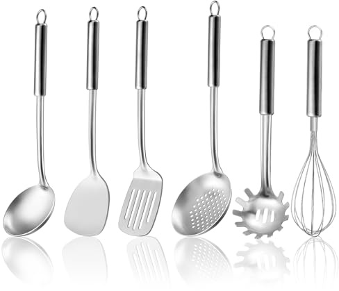Gymdin 6-Piece Kitchen Cooking Utensils Set, Stainless Steel Kitchen Utensils with Suspendable Handle, Spatula, Slotted Turner, Soup Ladle, Slotted Spoon, Whisk, Pasta Server, Dishwasher Safe