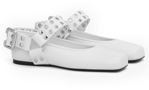 CAGLGLZ Mary Jane Ballerinas für Damen, quadratischer Zehenbereich, Nieten, Knöchelschnalle, Riemen, bequeme, elegante Ballerina-Schuhe, Weiss/opulenter Garten, 37 EU