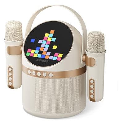 PHILIPS S2508 Portable Karaoke Machine,Party Bluetooth Speaker with 2 Karaoke Microphones,7 H Battery,Multi-Colored Light Modes with Display Screen,6 Vocal Effects,USB,AUX or TF Card Input,Mini,White
