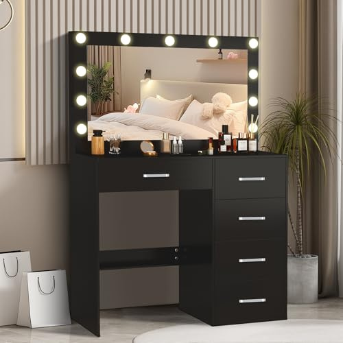 Saimeihome Schminktisch mit Spiegel & Hocker - 3 Lichtfarben, dimmbare Beleuchtung, Schwarzer Kosmetiktisch mit 5 Schubladen & großem Spiegel für Schlafzimmer Kinderzimmer - 80x34x130 cm