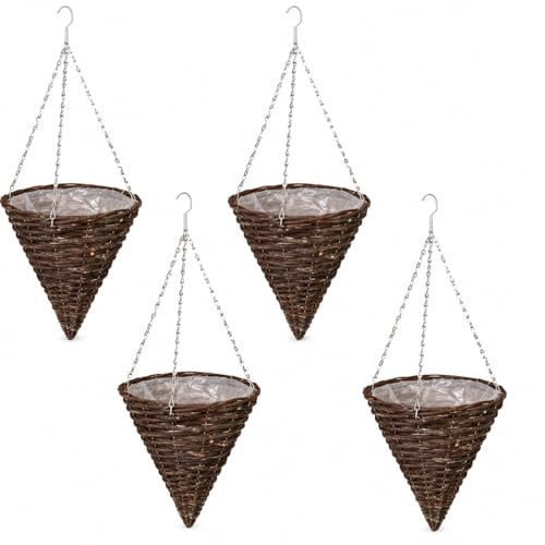 Quickdraw 4 x Rattan Cone Hanging Baskets 12” – Outdoor Planters with Liner & Chains – Weather Resistant Wicker Basket Flower Pots for Garden Plants & Flowers