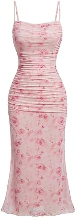 GORGLITTER Klänning elegant ärmlös midiklänning blommönster sommarklänningar bodycon spagettiremmar hög tidsklänning festklänning axelbandsklänning blommig klänning linne, ROSA, M