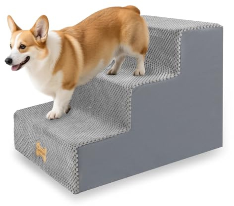 Nepfaivy Hundetreppe für Kleine Hunde 3 Stufen, Haustiertreppe 53x40x39cm | Hundetreppe Hunderampe für Bett und Sofa aus Hochdichtem Schwamm, mit Abnehmbarem, Waschbarem Bezug und Rutschfestem Boden