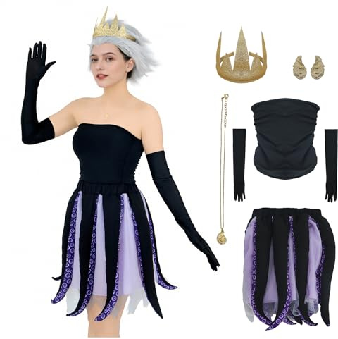 Jaugola Ursula-Kostüm für Damen, Oktopus, Tentakel, Kleid, Muschel, Halskette, Ohrringe, Halloween, Meerjungfrau, Party, Bösewicht Outfit