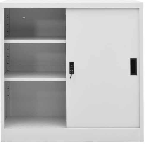 Vopese Stahl Aktenschrank mit Schiebetür, 2 Regale, 60 kg Tragfähigkeit, hellgrau, 90x40x90 cm Model335951