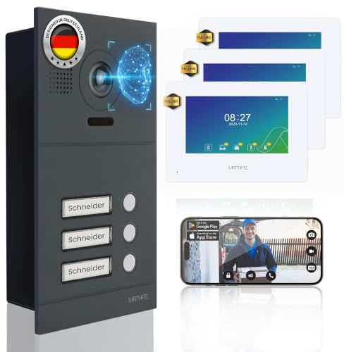 Mathfel 2-Draht IP Video-Türsprechanlage mit Türöffner – Full-HD Kamera, 7 Monitor & App-Steuerung – Smarte Video-Türklingel mit Gegensprechanlage (Anthrazit, 3 Klingeltaster)