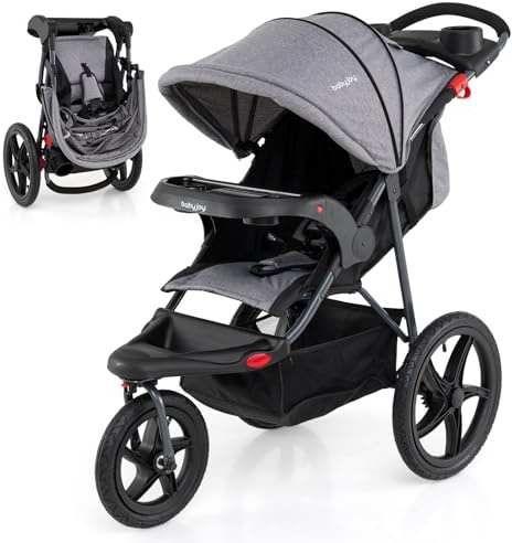 BABY JOY Jogging Stroller, Foldable Jogger Stroller with Adjustable Canopy & Backrest, Air-Filled Tires, Child & Parent Tray, Cup Holders, Storage Basket, Running Stroller for Babies Toddlers (Gray)