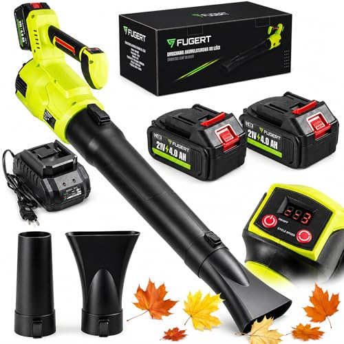 FUGERT Turbo Gebläse bis 250km/h, 21V Bürstenloser Motor, Akku Laubbläser mit 2X 4000 mAh Akku & Ladegerät, 3-Stufen Leistung, inkl. Koffer & 3 Düsen (Gartengerät)