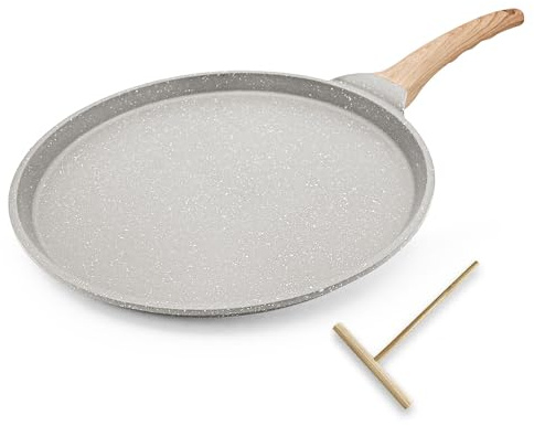 Bobikuke Crepiera 30 cm Antiaderente con Distributore Impasto, Bianco | Crepiera antiaderente in alluminio con distributore di impasto, adatta all'induzione per una cottura uniforme.