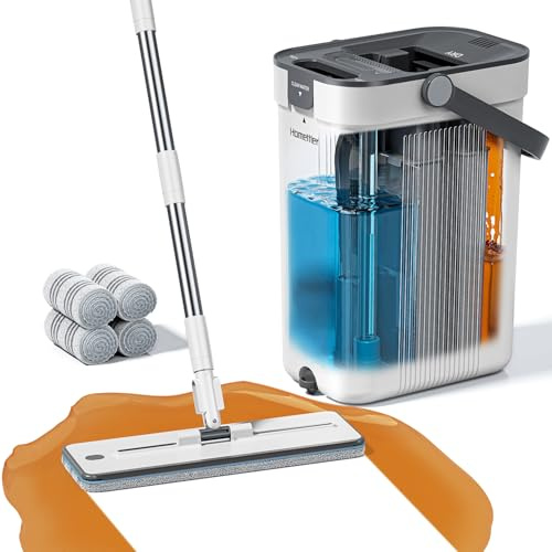 Mopp och hink-set, platt moppsystem med separat smuts- och rengöringsvatten, 3-kammarmopp för väggrengöring, golvskrubborste med 4 mikrofiberdukar