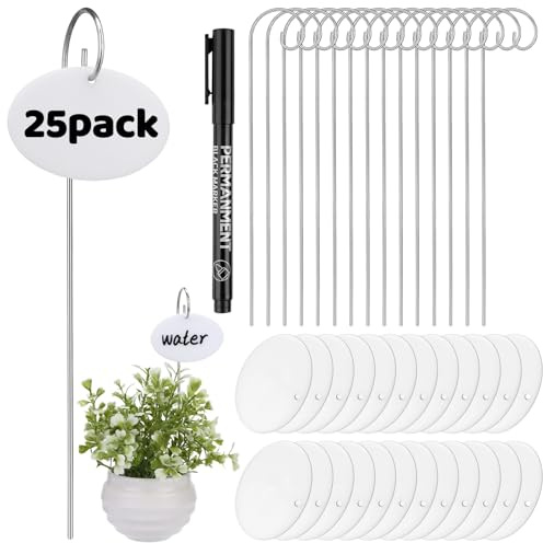 ULELE 25Pcs White Oval Plant Labels Garden Labels Stakes with Pen Plant Markers 25Pcs Metal Garden Poles and 60Pcs Labels Garden Markers for Seedlings Herbs Vegetable Greenhouse Gifts Potted Plants