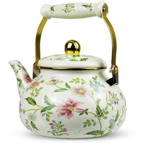 Vintage Enamel Tea Kettle, 2.5L Floral Gold Trim Enamel Steel Teapot with Porcelain Handle for Stovetop Home Kitchen Decor, Gift for Camping Housewarming Christmas New Year