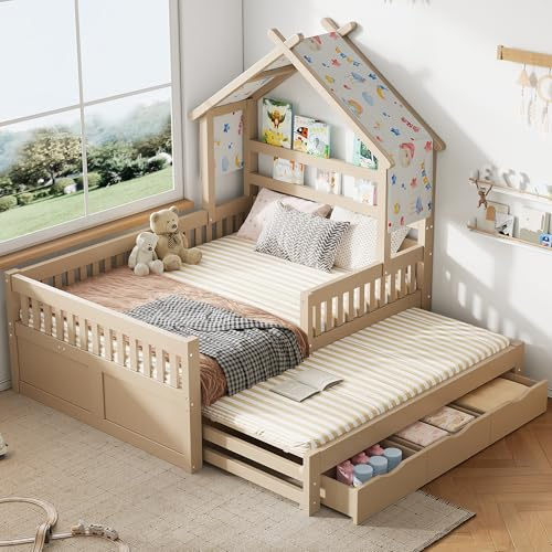 Lcoho Holzplattformbett, hausförmig, 140 x 200 cm, mit Ausziehbett, 3 Schubladen und Sicherheitsgittern, Cream