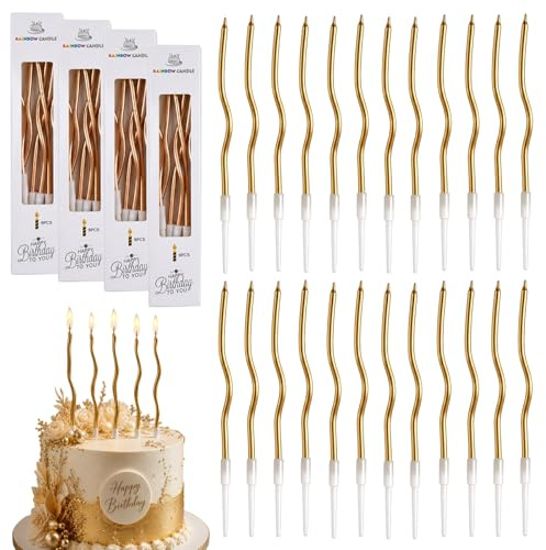 Candeline Compleanno, 24 Pezzi Torta Compleanno Ondulate Sottile Candele con Supporti, Candele Compleanno Candeline Torta Decorazioni per Feste, Accessori per Feste (Champagne)