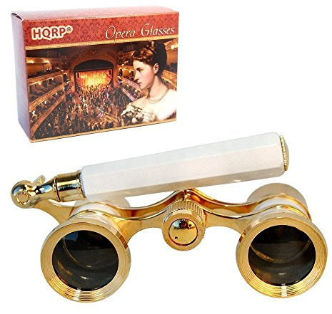 HQRP 3 x 25 Theater/Opera Glasses Binoculars with Built-In Extendable Handle, White-Pearl with Gold Trim
