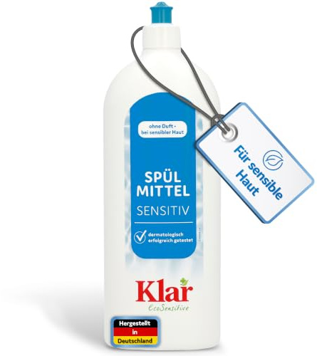 Klar EcoSensitive Spülmittel SENSITIV, 1l - Ohne Duft & hypoallergen | Kraftvolles Geschirrspülmittel flüssig - Biologisch abbaubares Handspülmittel mit hoher Fettlösekraft - Vegan Dish Soap