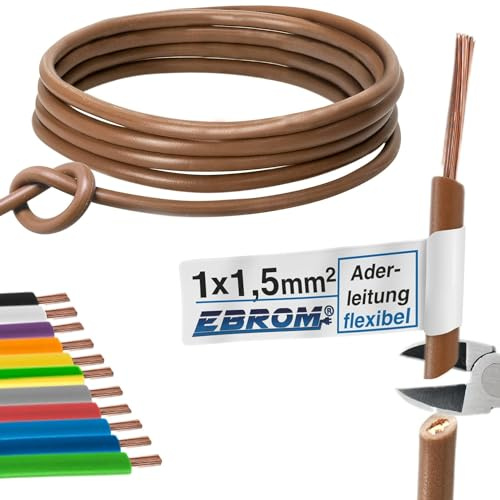 EBROM 100 Meter Aderleitung Litze flexible Leitung H07V-K 1,5 mm² 1x1,5 mm2 – flexibel – viele Farben zur Auswahl (BRAUN) - in 100 m Ringen, 1,5mm2 - Ihre Farbauswahl: braun | 1,5 mm2 -> 100 Meter Ring / Litze, Schaltlitze, Einzelader flex, PVC Leitung, Verdrahtungsleitung, Schaltdraht